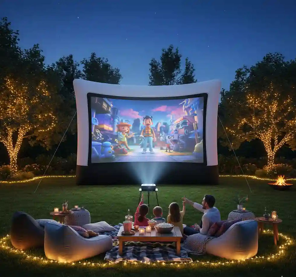 A family watching a movie on a large inflatable outdoor screen in a beautifully lit backyard at night.