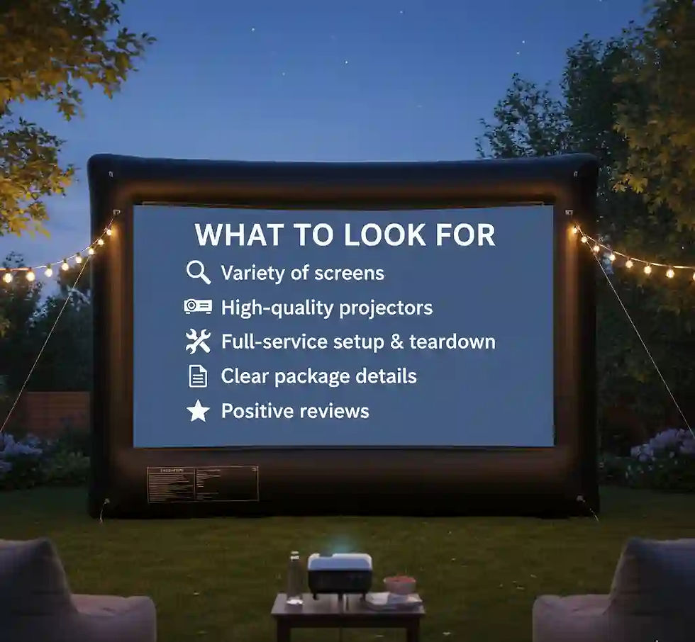 An inflatable movie screen in a backyard at night displaying a checklist titled "WHAT TO LOOK FOR" when choosing a rental service, including variety of screens, high-quality projectors, full-service setup & teardown, clear package details, and positive reviews.