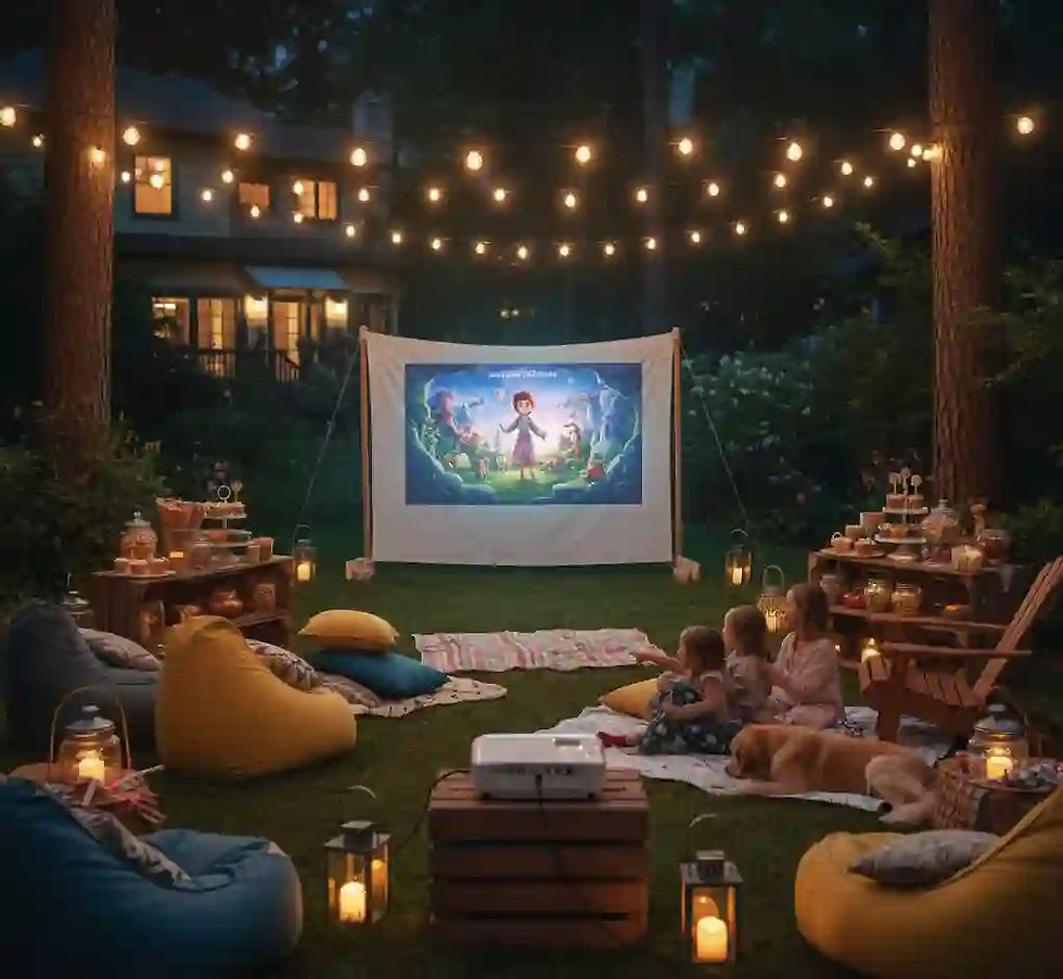  A grid displaying three different movie options for kids' parties. The first shows an animated movie poster, labeled "Favorite Movies for Kids." The second features children on an outdoor adventure, labeled "Outdoor Movie Picks." The third displays a fantasy movie on a large outdoor screen at night, labeled "Movies on the Big Screen."