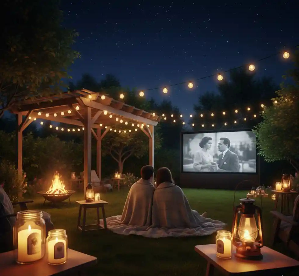A couple wrapped in a blanket sits on a picnic blanket in a cozy backyard at night, watching a black and white movie on a large outdoor screen. String lights hang above, a fire pit glows under a pergola, and warm lanterns and candles add to the romantic ambiance.