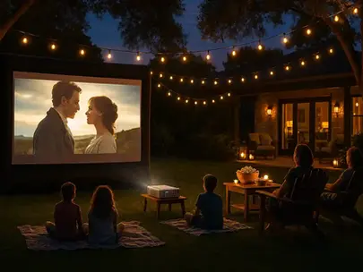 Austin, Texas ke ek khubsurat backyard mein shaam ka movie night setup, inflatable screen par HD projector se film chal rahi hai, families blankets aur Adirondack chairs par bethi hain, string lights aur lanterns ki roshni mein cozy mahool, popcorn table aur patio décor ke sath cinematic ambiance.