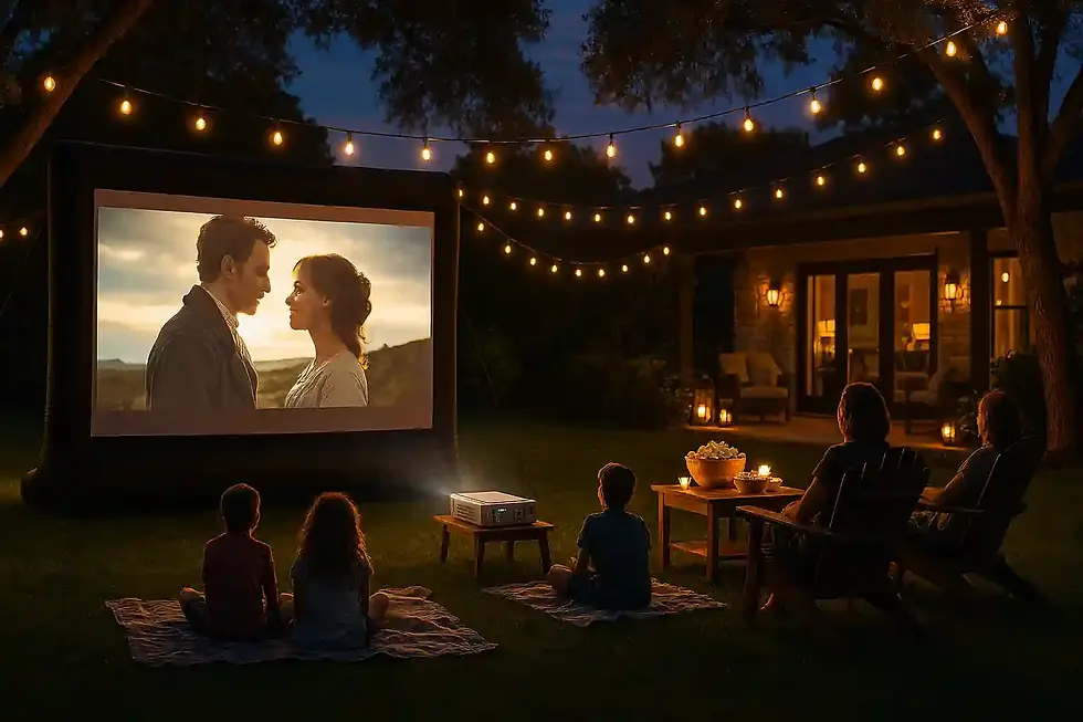 Austin, Texas ke ek khubsurat backyard mein shaam ka movie night setup, inflatable screen par HD projector se film chal rahi hai, families blankets aur Adirondack chairs par bethi hain, string lights aur lanterns ki roshni mein cozy mahool, popcorn table aur patio décor ke sath cinematic ambiance.
