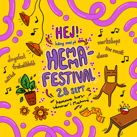 Illustrerad affisch för HEMMAFESTIVAL i Malmö. En inbjudande festivalposter med lekfull handritad stil, varma färger och humoristiska figurer som förmedlar glädje och gemenskap.