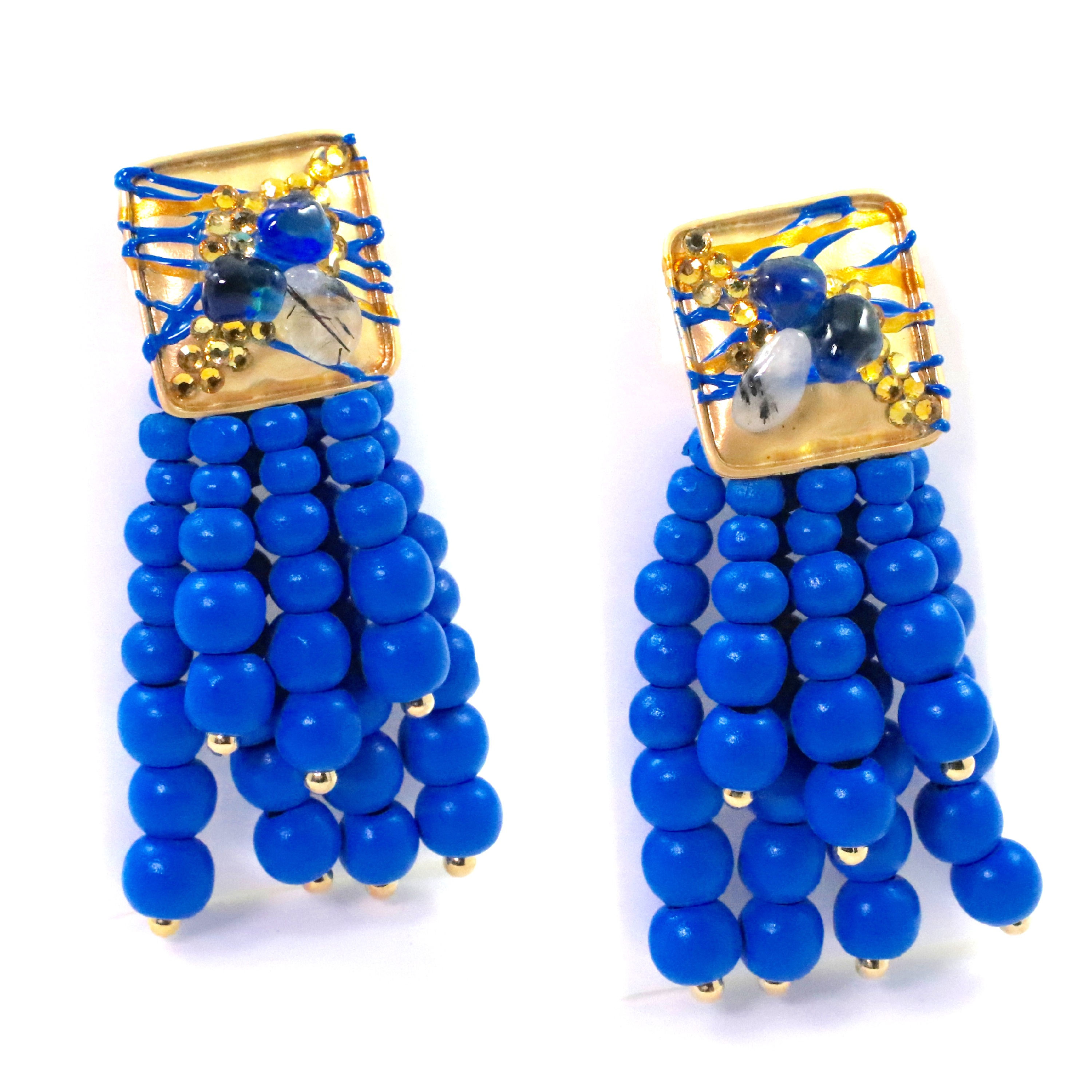 Long Earrings with Blue Crystals and Rhinestones.