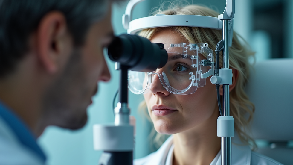 Close-up view of a patient undergoing eye examination with advanced diagnostic tools
