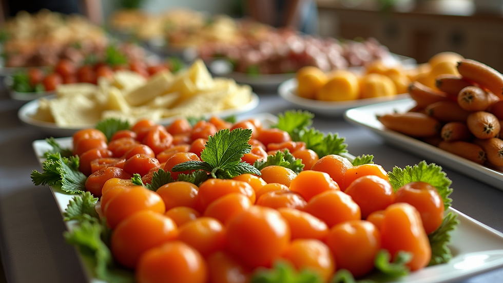 High angle view of a vibrant wedding buffet table