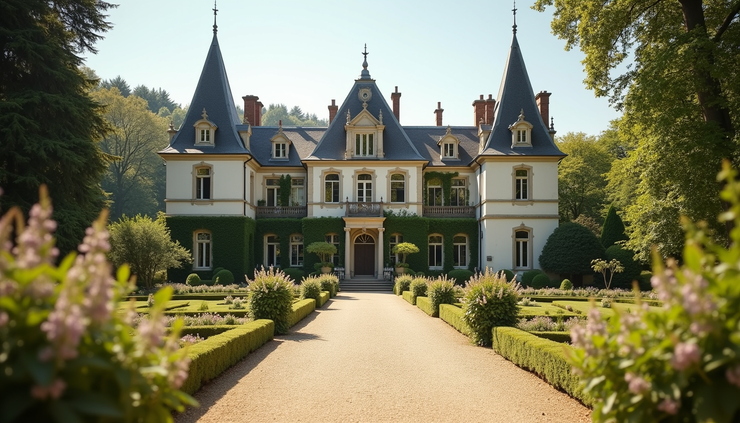Eye-level view of a grand historic castle with manicured gardens