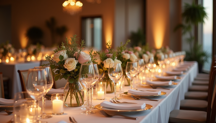 Close-up view of a modern wedding reception setup with elegant table settings