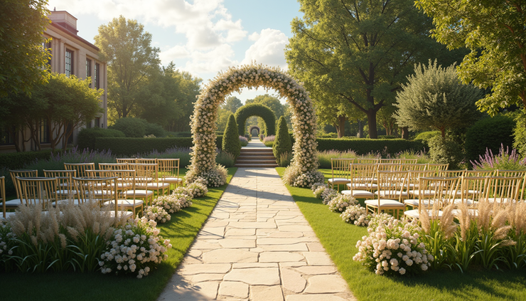 High angle view of a luxury country estate garden with wedding decorations