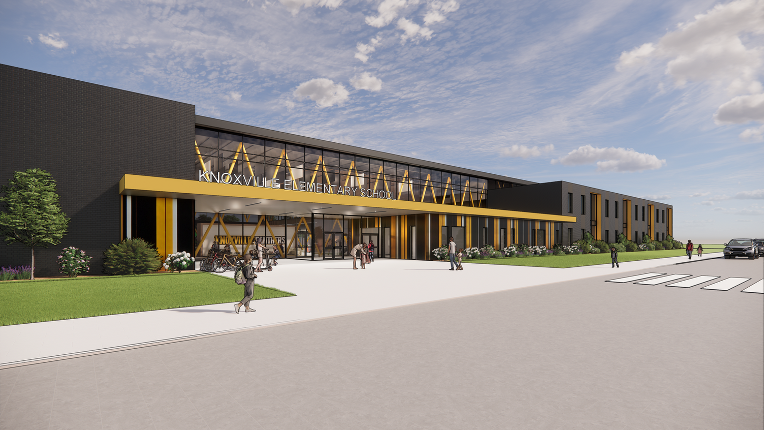 An architectural rendering showing the exterior of the proposed elementary school in the Veterans District.