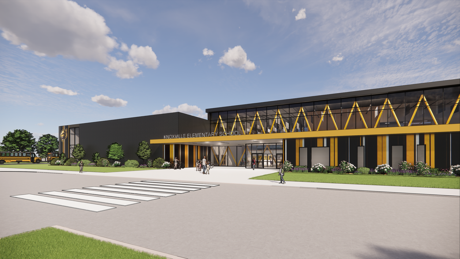 An architectural rendering showing the exterior of the proposed elementary school in the Veterans District.