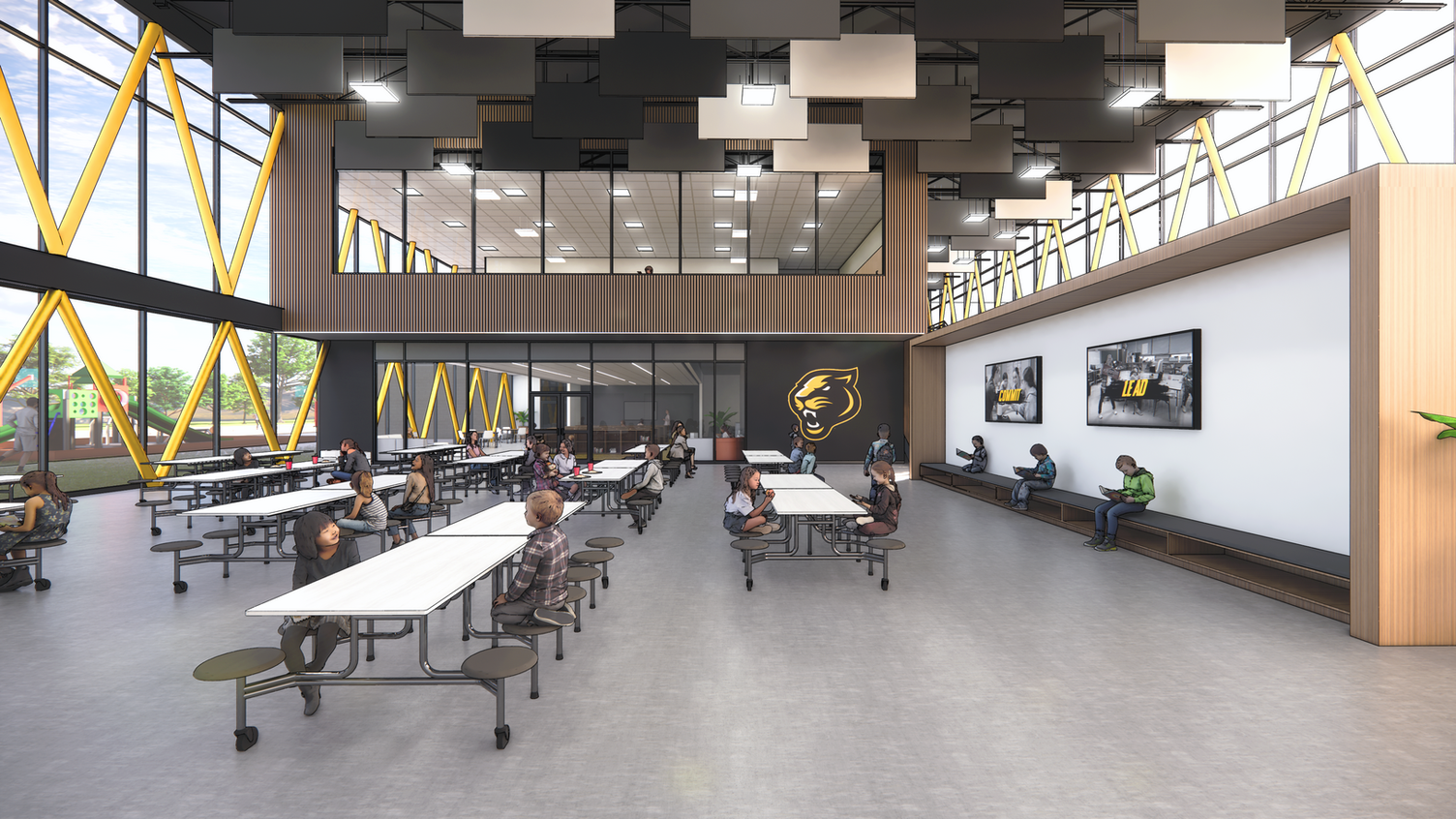 An architectural rendering of the commons area inside the proposed elementary school in the Veterans District.