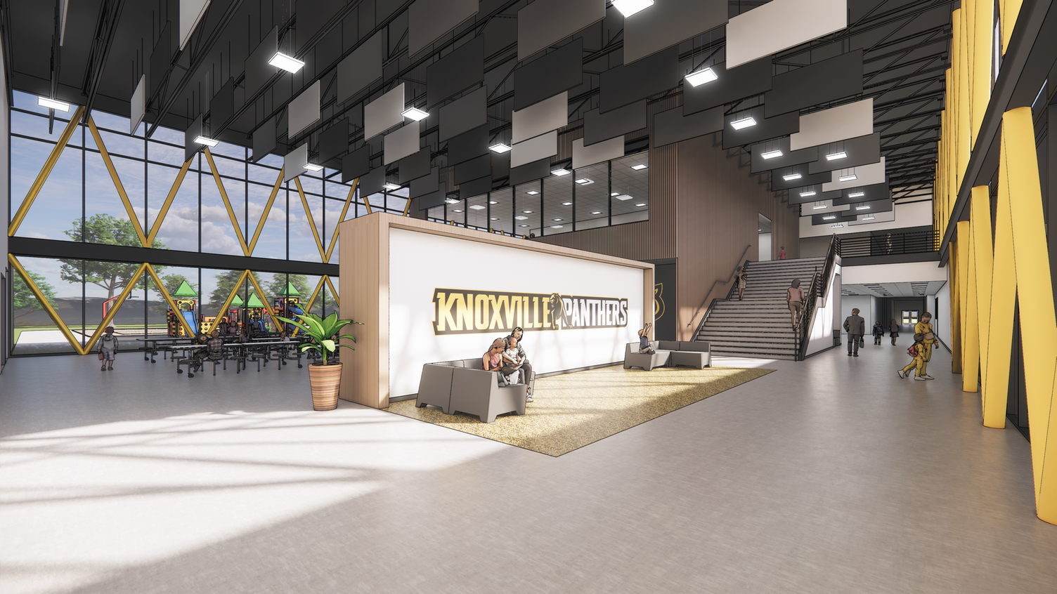 An architectural rendering of the lobby inside the proposed elementary school in the Veterans District.