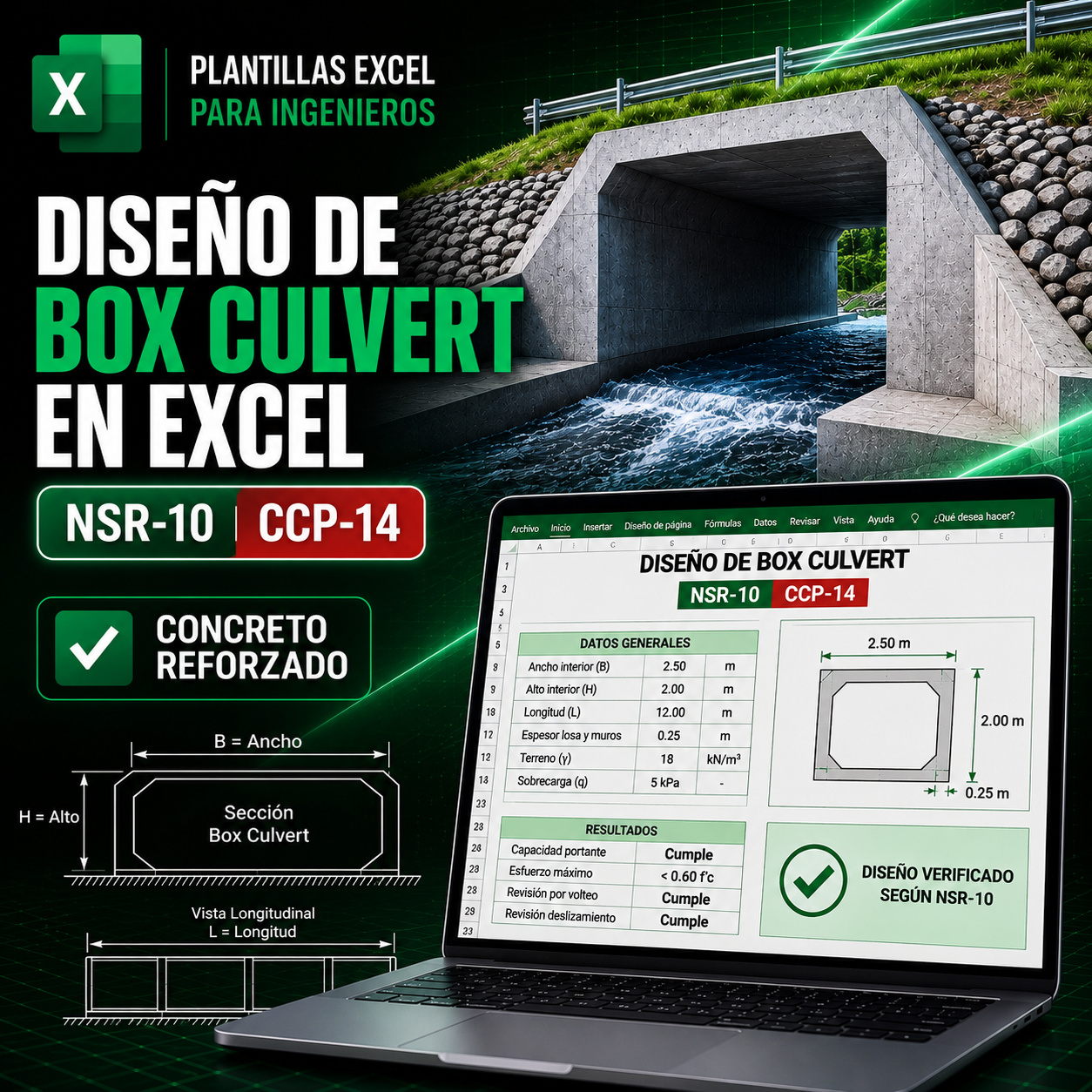 Pack de Diseño Estructural de Box Culvert en Excel (CCP14 / NSR10)