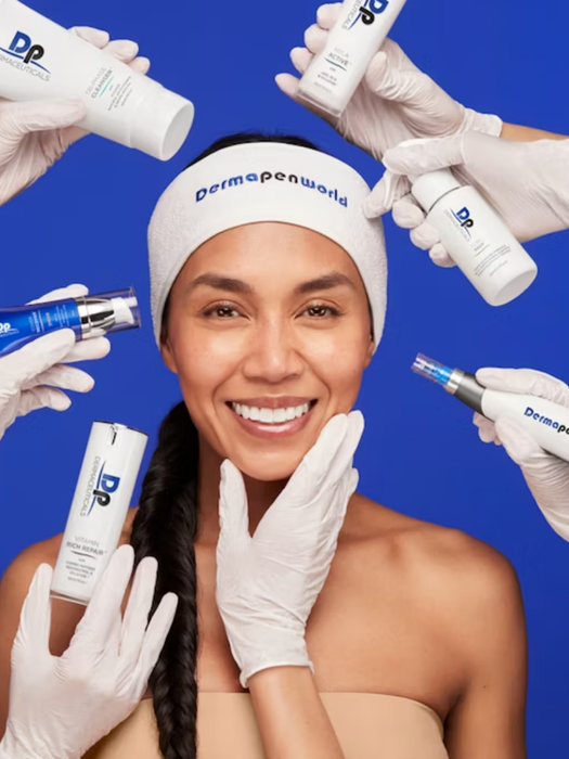 Woman with Procell Therapies headband and skincare products