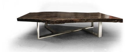 Live edge coffee table shown with stainless steel Branch base with a live edge oxidized beech wood, natural tree slice slab.