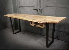 Live edge desk shown with steel tapered base with a live edge silver maple wood slab, natural tree slice desk top..