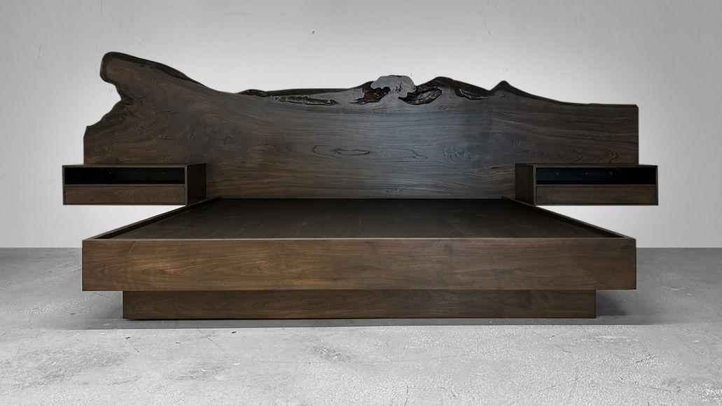 Live edge bed and headboard set made from natural reclaimed wood and organic wood slab headboard.
