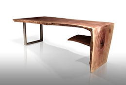 Live edge coffee table shown with wooden waterfall leg and steel leg with a live edge sycamore wood slab, natural tree slice.