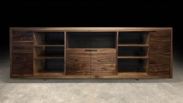 Custom made solid walnut media cabinet, credenza and storage console. High end modern furniture.