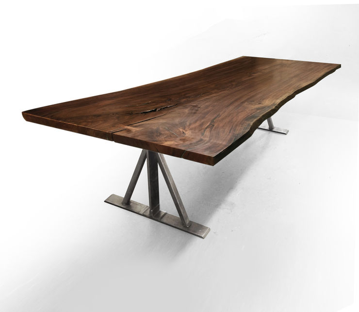 Live edge dining table shown with rafter steel base on a live edge walnut wood slab.