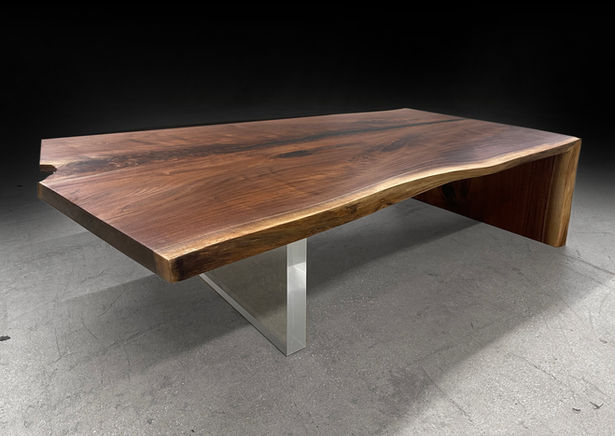 Live edge walnut slab waterfall coffee table with lucite base. Natural tree slab coffee table.