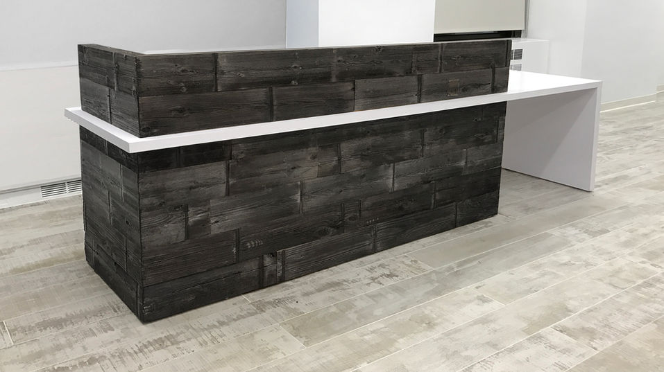 Custom made reclaimed wood reception desk.