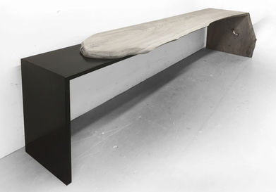 Live edge console shown with wooden waterfall leg and steel overflow base with a live edge walnut wood slab, natural tree slice.