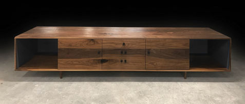 Custom made solid walnut media cabinet, credenza and storage console. High end modern furniture.