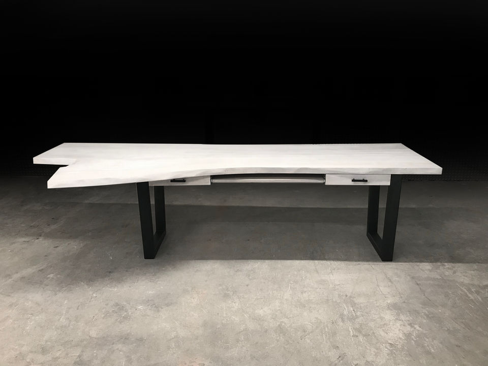 Live edge desk shown with steel tapered base with a live edge silver maple wood slab, natural tree slice desk top..