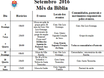 Calendário Pastoral do mês de Setembro