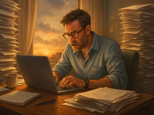 Ein Mann sitzt sichtlich gestresst vor dem Computer und schwitzt