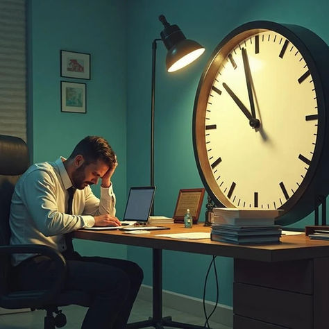 Ein Unternehmer am Schreibtisch mit einer großen Uhr auf dem Tisch. Er arbeitet gegen die Zeit