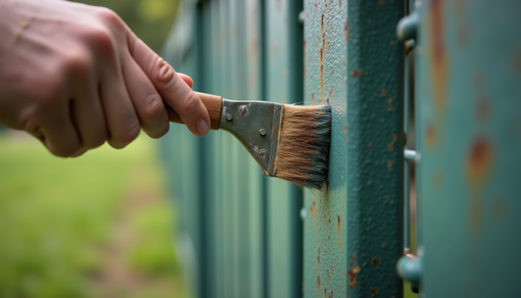 Close-up view of a metal fence post with rust-resistant paint being applied