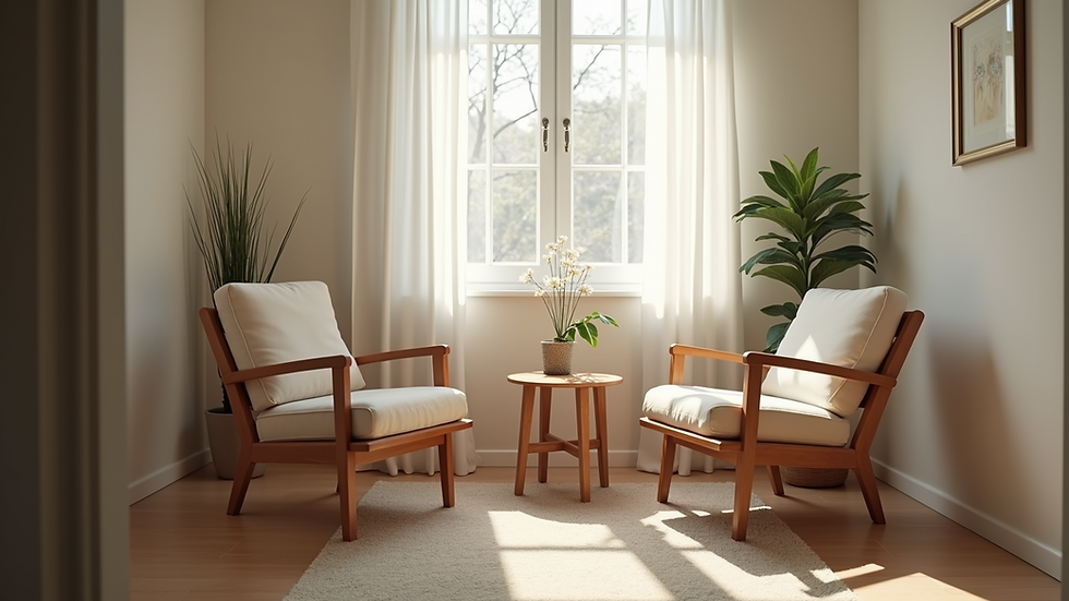 Eye-level view of a cozy therapy room with two chairs facing each other