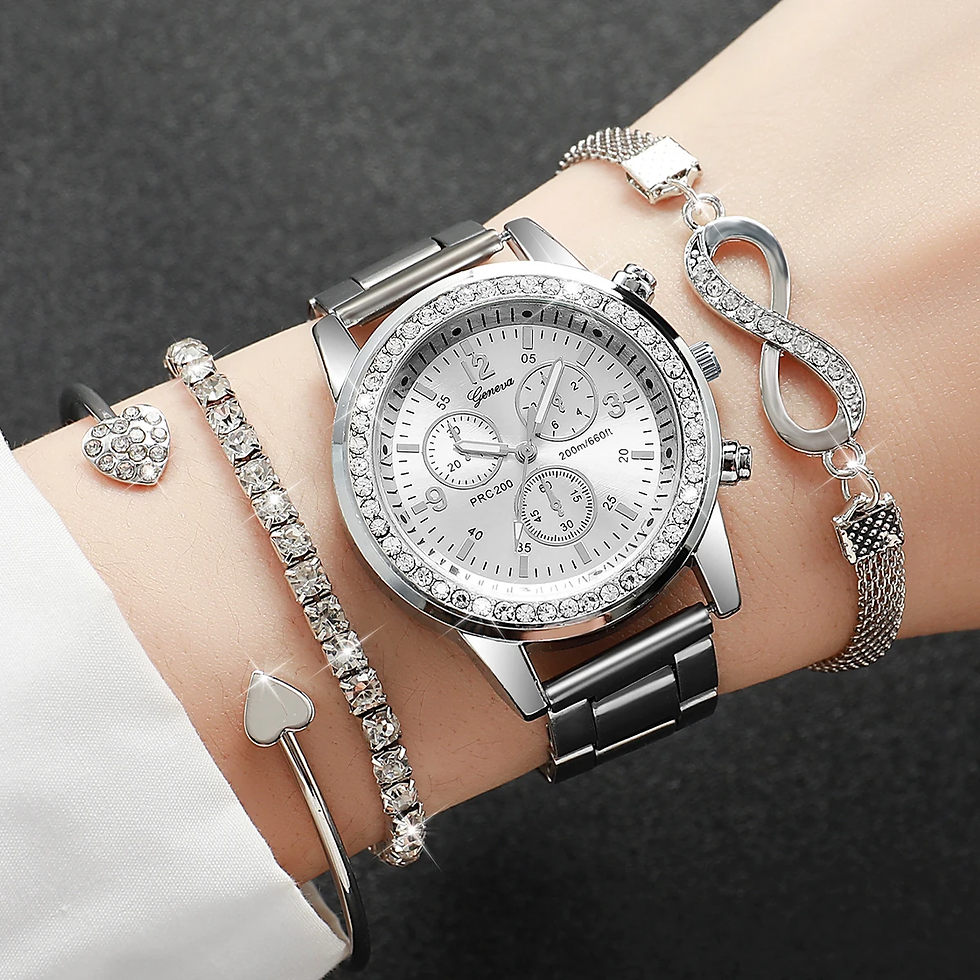 Thumbnail: 4PCS/Set Fashion Rhinestone Women Watches Luxury Steel Band Ladies Quartz Watch 
