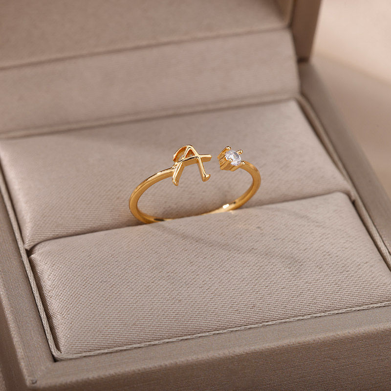 Tiny Initial Letter Rings For Women Stainless Steel A-Z Letters Adjustable Ring