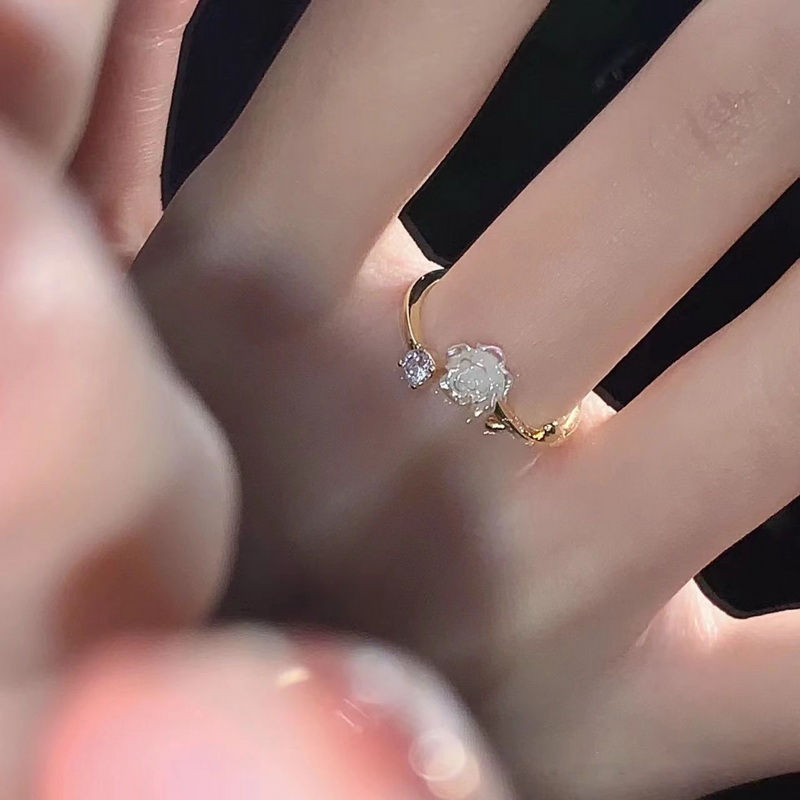 Luxury Zircon Flower Opening Rings for Women Cubic Zirconia Rose Cherry Blossom