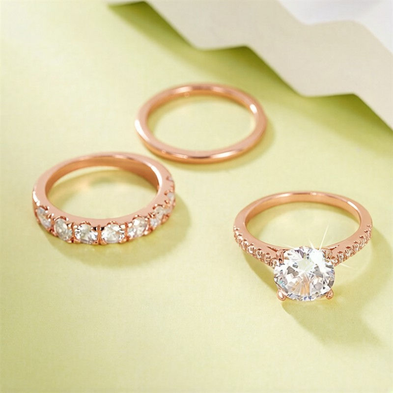 Huitan Gorgeous 3Pcs Set of Rings Female Luxury Shiny Round Zirconia Finger Jewe