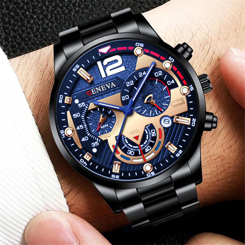 Thumbnail: Fashion Men's Watches Stainless Steel Band Analog Quartz Wristwatch with Calenda