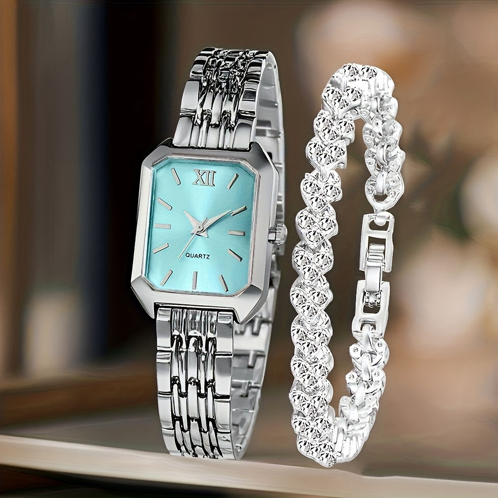 Thumbnail: 2PCS Fashion Rectangle Women Quartz Watch Rhinestone Bracelet Set Roma Dial Ladi