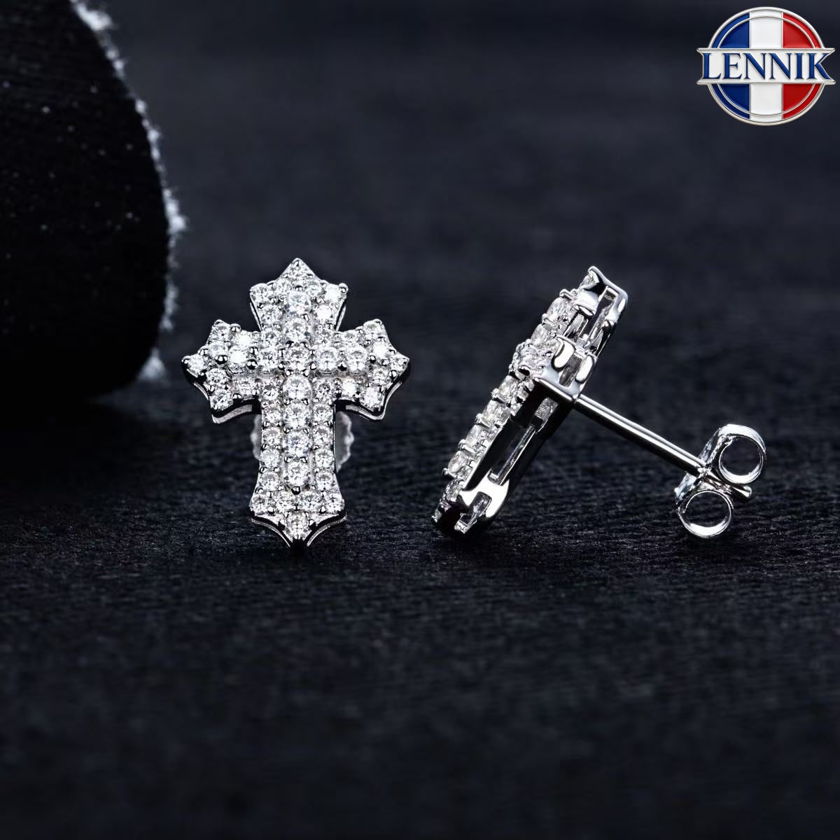 LENNIK 0.78cttw Iced Out Moissanite Cross Stud Earrings 925 Sterling Silver Pimp