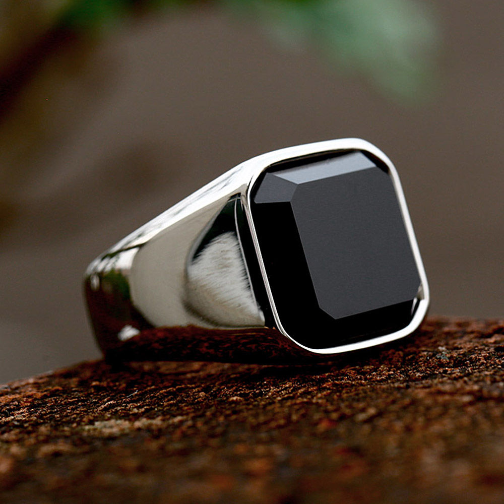 Simple Fashion Stainless Steel With Zircon Black Agate Stone Rings For Men Women