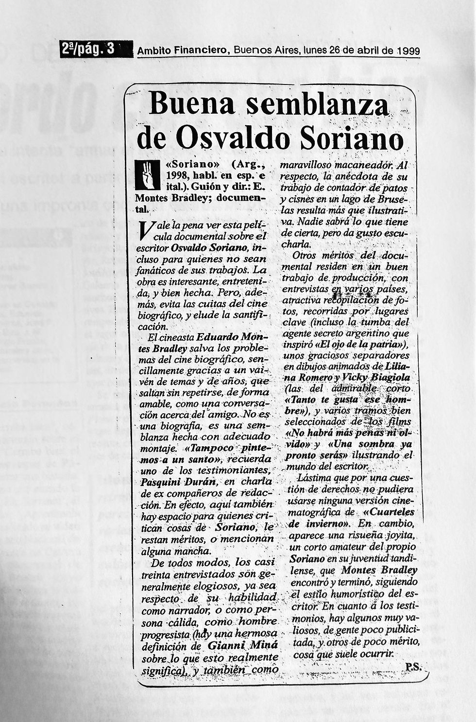 Soriano — Ámbito Financiero, 26 de abril de 1999