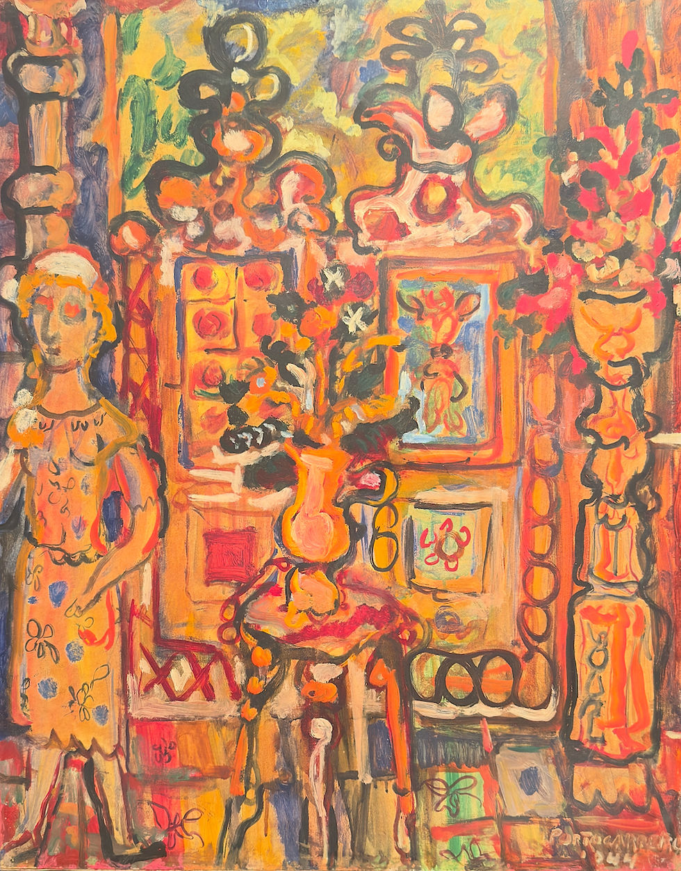 René Portocarrero. Interior con asiento, mesa pedestal, mujer de pie, 1944