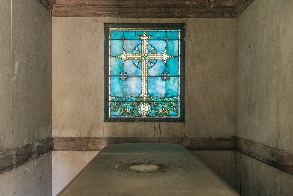 A Tiffany Window inside a mausoleum