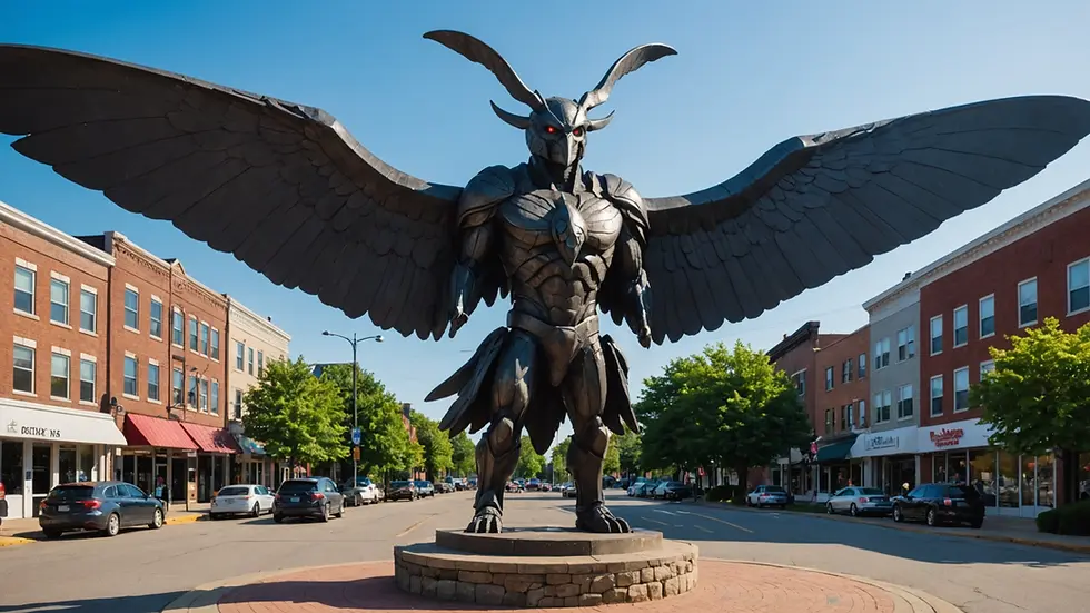 Eye-level view of the Mothman statue in Point Pleasant, West Virginia