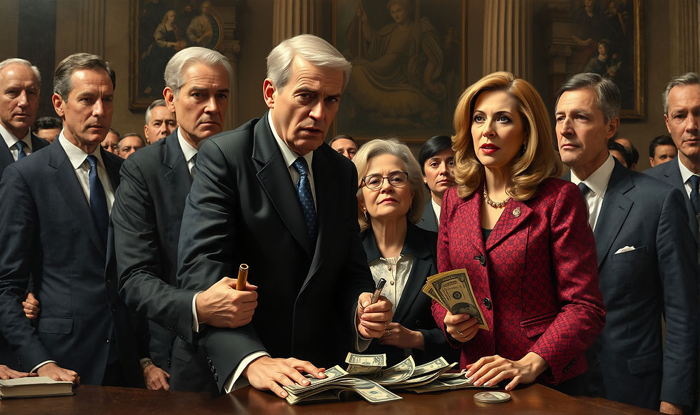 Eye-level view of a government building with a flag waving in front