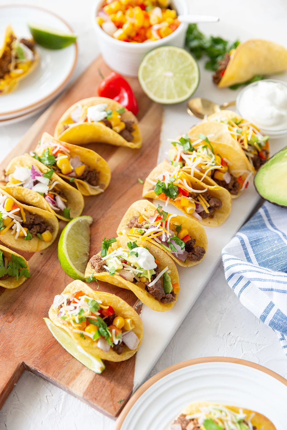 Assorted chicken and beef tacos with toppings by Always Fresh BBQ Catering, ideal for private parties, backyard birthdays, and corporate catering events.