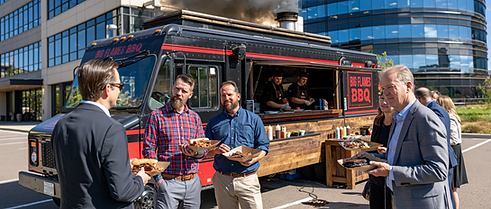   BBQ food truck catering at a private wedding in Ontario serving smoked brisket sliders and gourmet sides to guests at golden hour